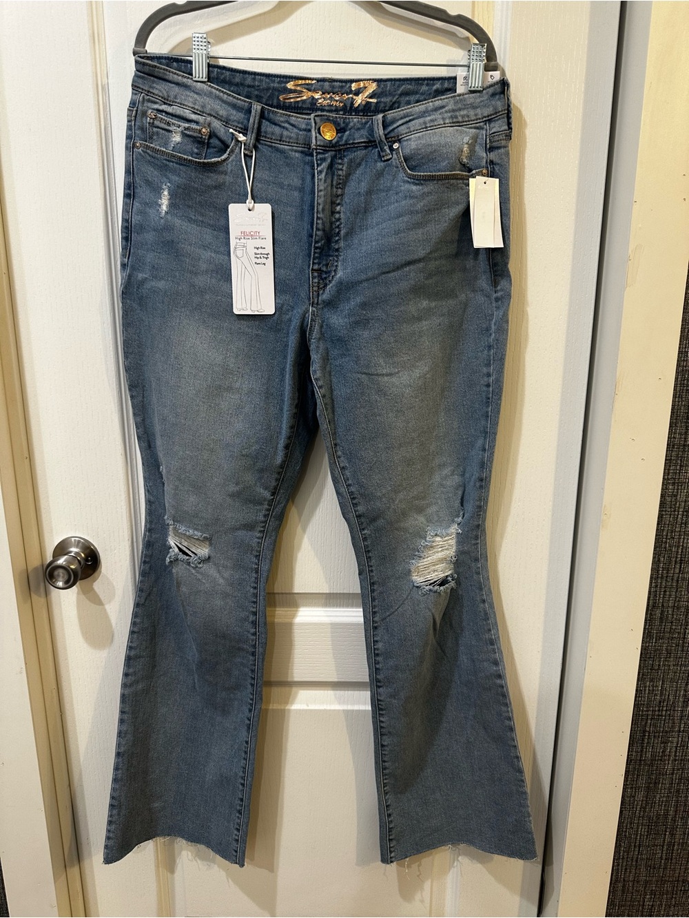 Seven7 Women's Distressed Flare Jeans - Blue Denim